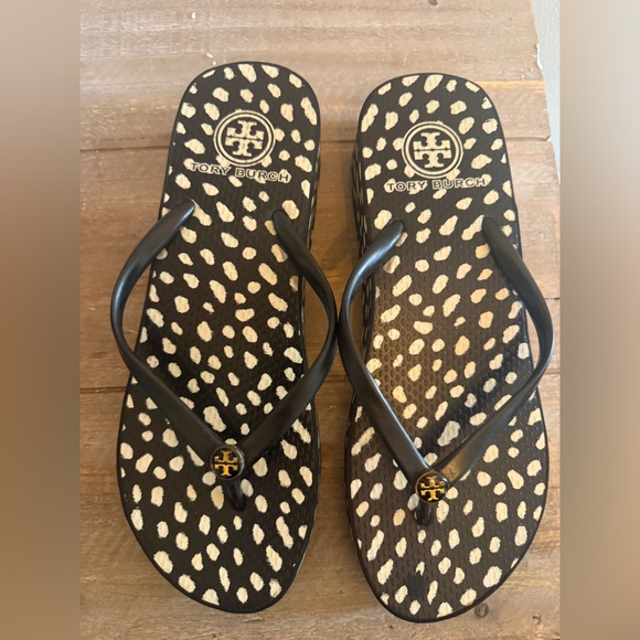 Tory Burch Shoes - Tory Burch Black and Cream Patterned Flip Flops